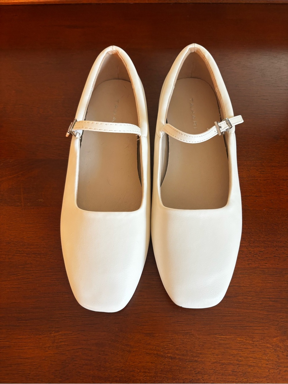 Tahari White Mary Jane Flats with Buckle Strap